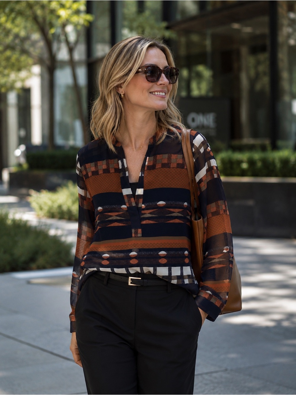 Lumiere Geometric Print Long-Sleeve Blouse — Brown & Navy